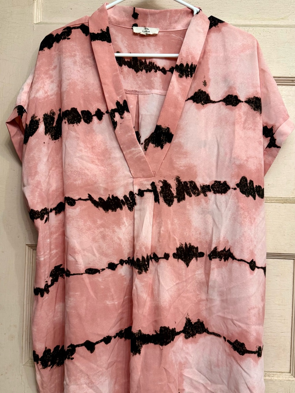entro Pink Tie-Dye V-Neck Top with Black Stripes